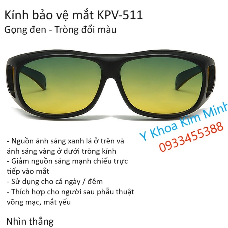 Kính bảo vệ mắt sau phẫu thuật y tế KPV-511 gọn đen tròng đổi màu nhìn thẳng