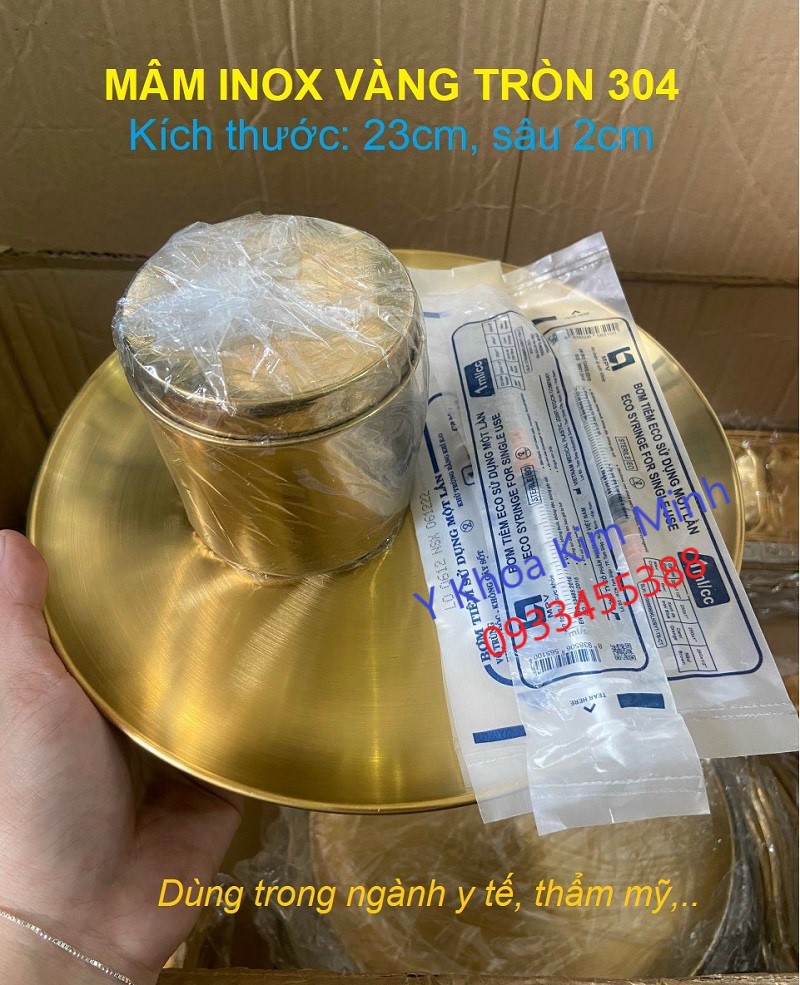 Mâm inox vàng tròn 23cm dùng cho ngành y tế thẩm mỹ bán ở Tp.HCM