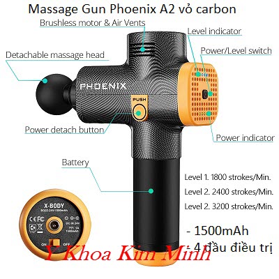 Máy massage gun Phoenix A2 vỏ carbon 4 đầu 1500mAh, 3 tốc độ - Y Khoa Kim Minh
