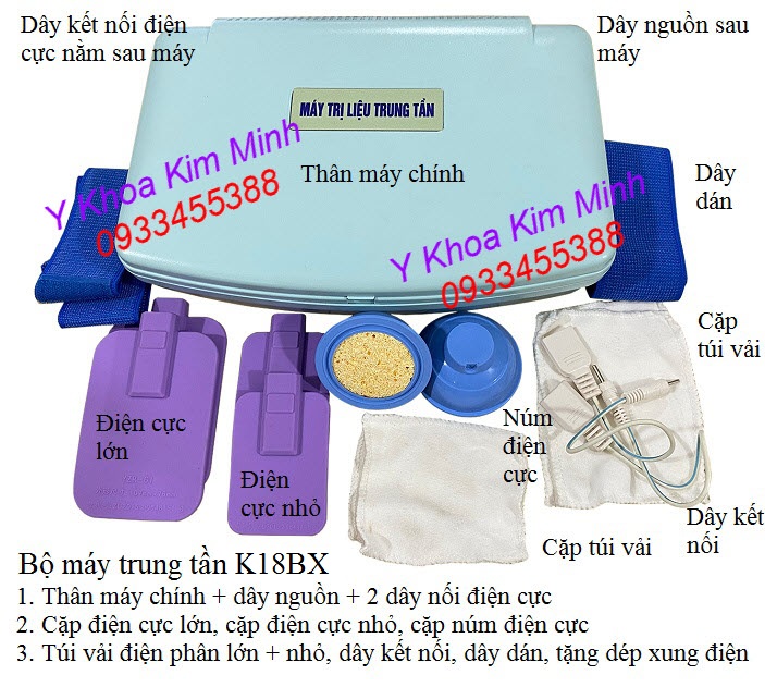Bộ máy điều trị trung tần K18BX dùng cho ngành vật lý trị liệu - Y Khoa Kim Minh Bộ máy điều trị trung tần K18BX đầy đủ phụ kiện - Y Khoa Kim Minh