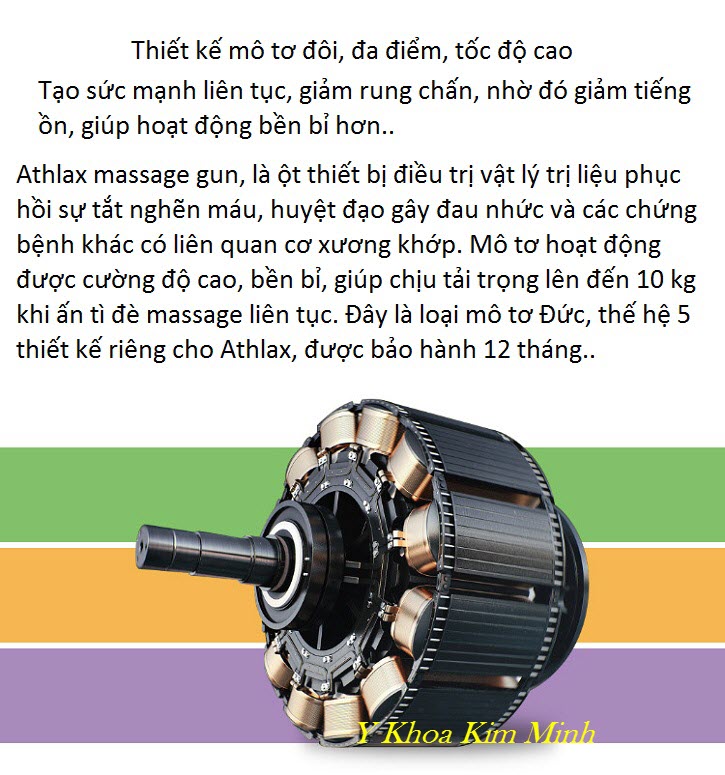 Motor thế hệ 5 của máy massage gun Athlax có 6 đầu điều trị và chỉnh 10 tốc độ ở vòng tua 3600 - Y Khoa Kim Minh