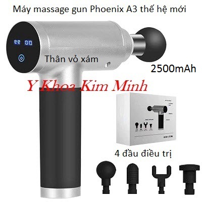 Massage gun Phoenix A3 thế hệ mới 4 đầu điều trị pin sạc 1500mAh, thân máy vỏ xám - Y khoa Kim Minh
