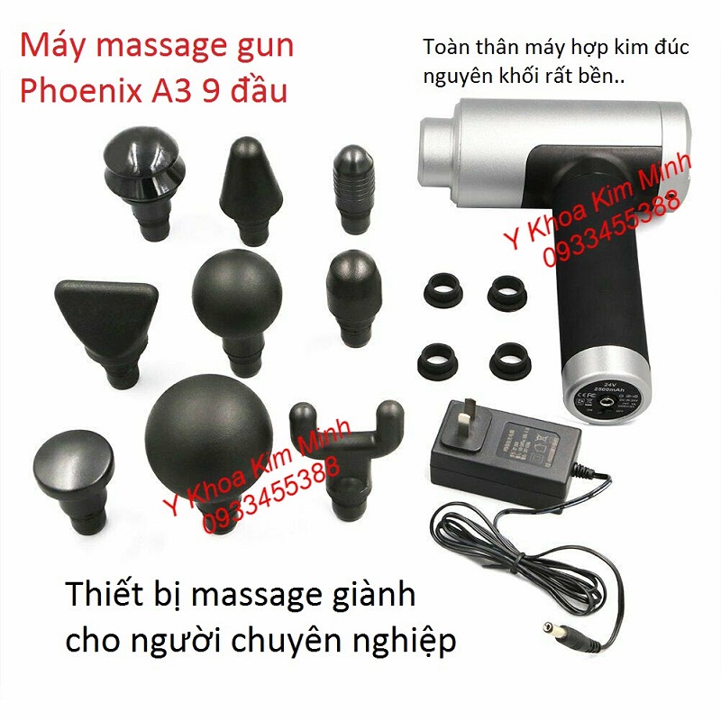 Máy masage gun A3 9 đầu điều trị mã Phoenix 2500mAh 6 tốc độ motor của Đức - Y khoa Kim Minh