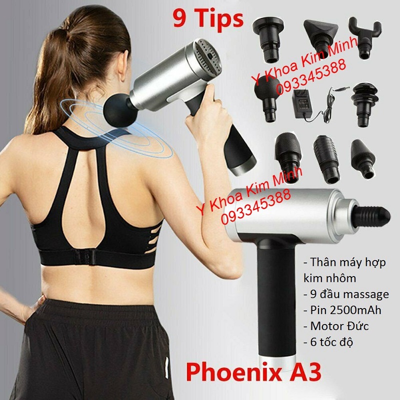 Máy masasge cầm tay, massage gun Phoenix A3 9 đầu 6 tốc độ pin 2500mAh - Y khoa Kim Minh