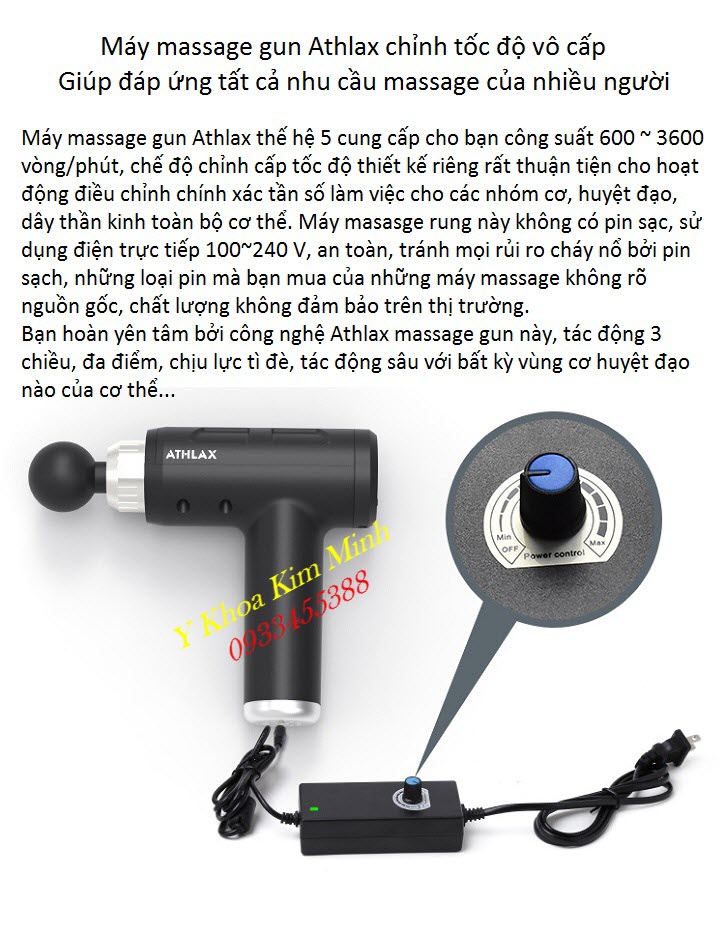 Máy massage gun Athlax dùng điện trực tiếp 100V - 240V điều trị bệnh đau nhức cơ xương khớp thần kinh toạ dễ dàng - Y Khoa Kim Minh