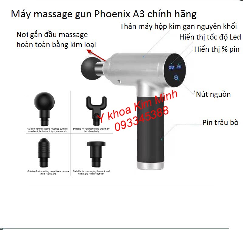 Máy massage gun Phoenix A3 có 6 tốc độ, 4 đầu điều trị, pin 2500mAh