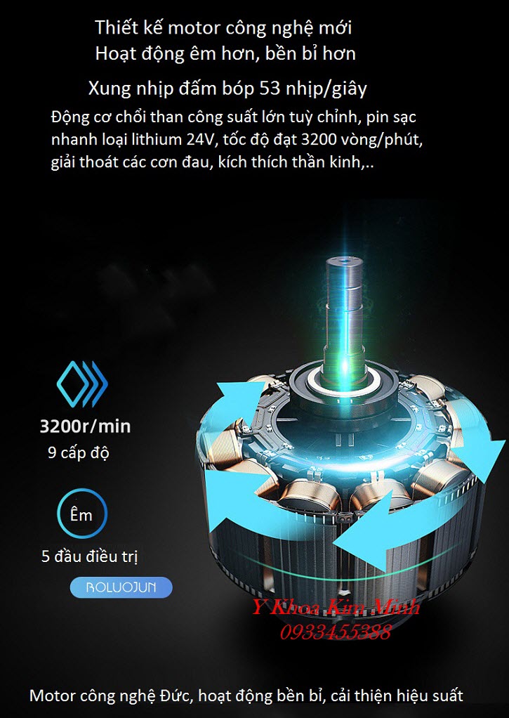 Motor máy massage đấm bóp Booster Gun 9 cấp điều trị tuỳ chỉnh chịu lực đấm bóp 10kg hoạt động bền bỉ - Y Khoa Kim Minh