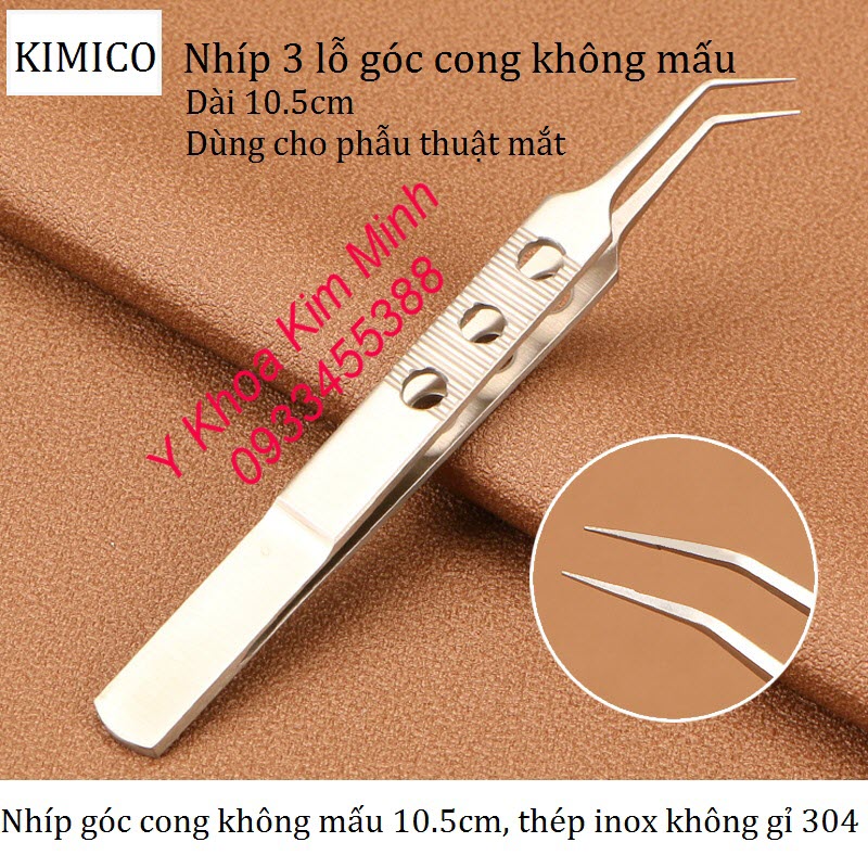 Nhíp nhọn 10.5cm, nhíp 3 lỗ góc cong không mấu dài 10.5cm
