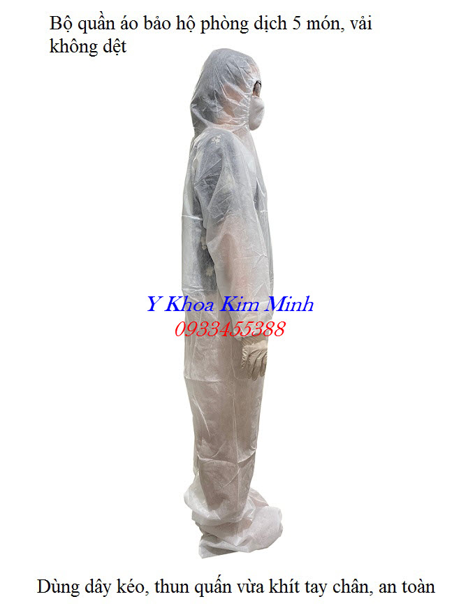 Bộ quần áo phòng dịch 5 món kiểu áo liền quần rất kín và an toàn giúp ngăn lây nhiễm chéo virus - Y khoa Kim Minh