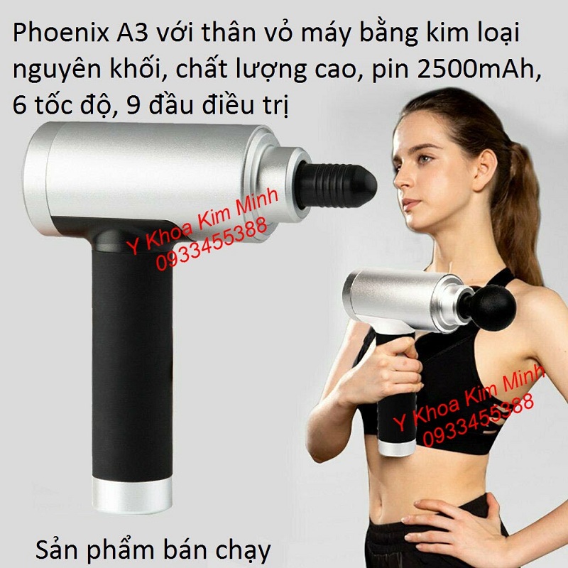Máy masasge gun cao cấp chất lượng Phoenix A3 9 đầu, 6 tốc độ, 2500mAh, motor Đức - Y khoa Kim Minh