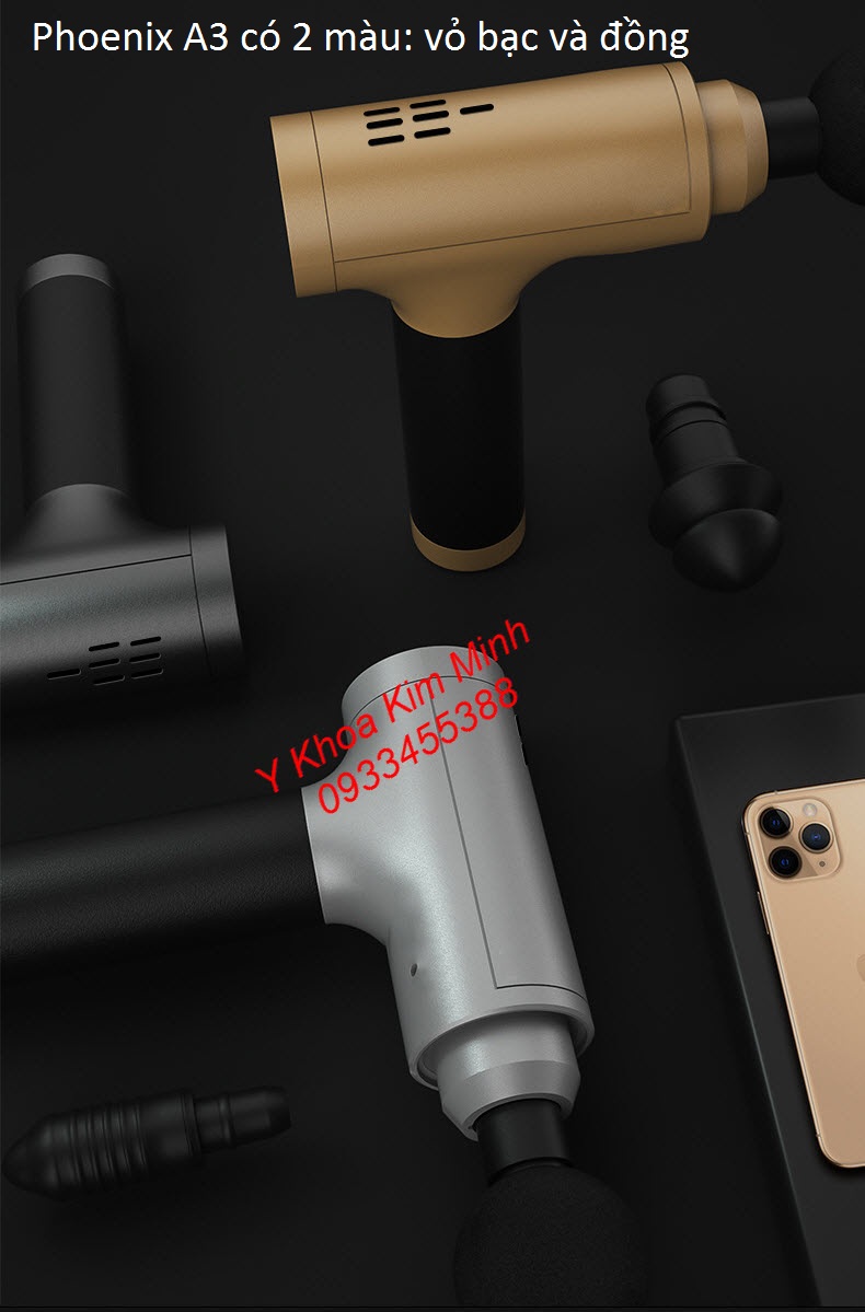 Máy massage gun Phoenix A3 vỏ máy có 2 màu là màu bac và màu đồng
