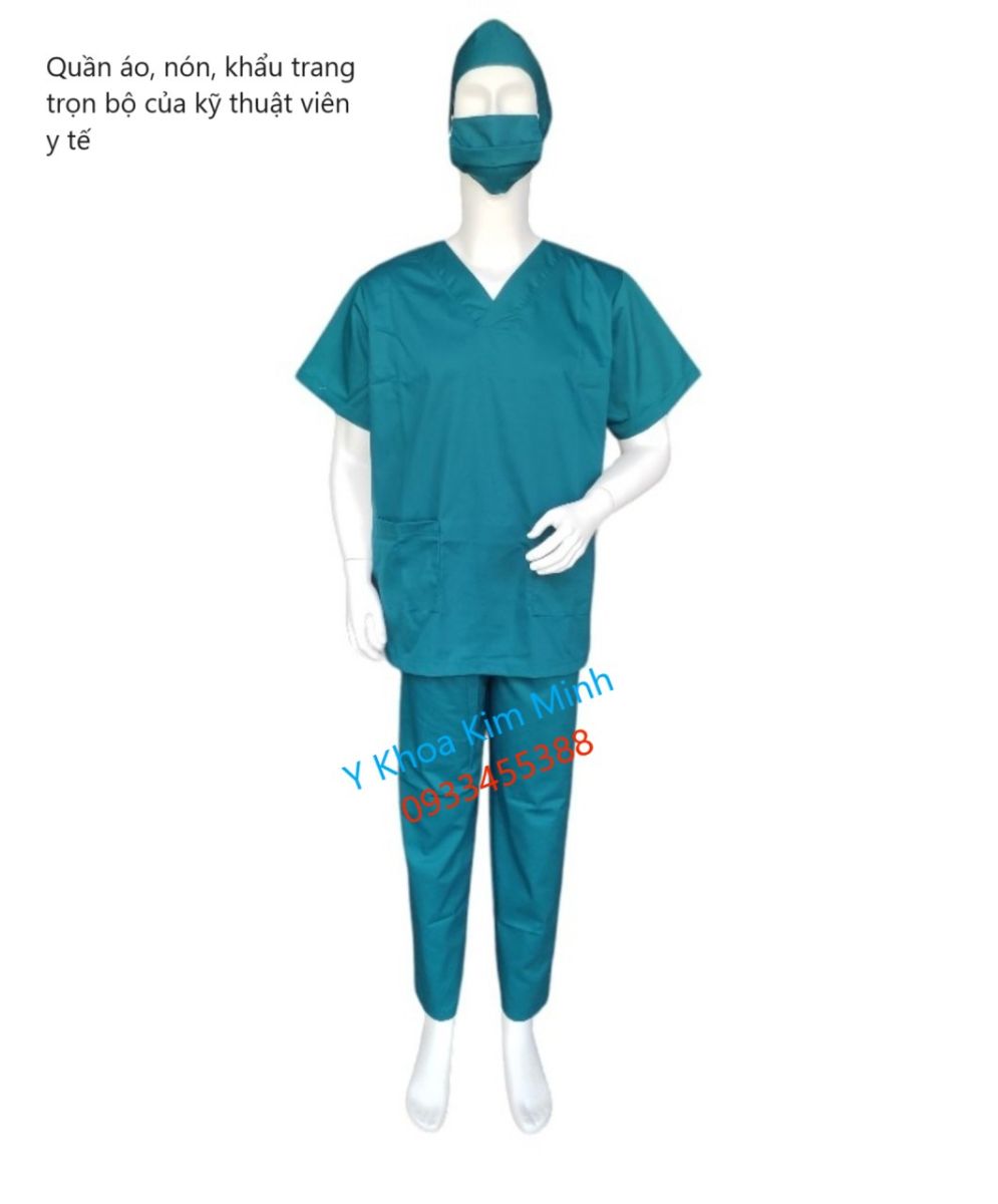 Bộ đồ quần áo nón khẩu trang dùng cho kỹ thuật viên y tế bệnh viện nhìn mặt trước