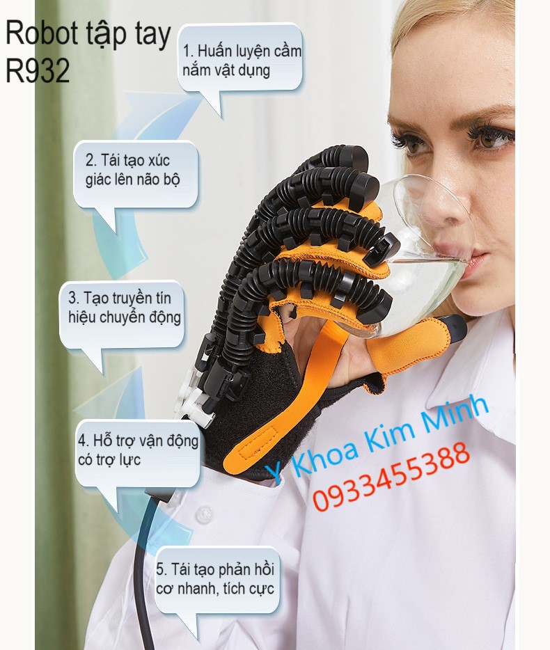 Robot R932 hỗ trợ các chứng năng như tái tạo tính hiệu xúc giác, giúp cầm nắm vật dụng, tập duỗi cơ và gân mạnh mẽ, giúp tập mạnh tay cho người tai biến