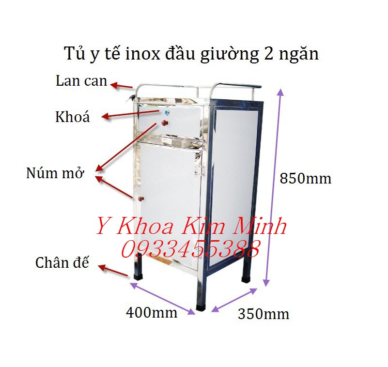 Thông số kỹ thuật tủ inox đầu giường y tế bệnh nhân bán ở Y Khoa Kim Minh