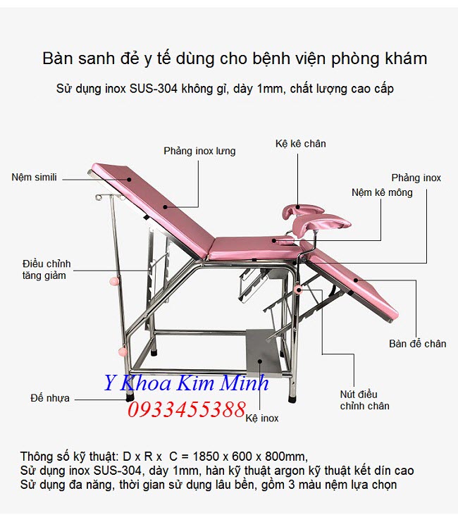 Thông số kỹ thuật giường sanh đẻ y tế inox 304 G034-01 - Y Khoa Kim Minh 0933455388