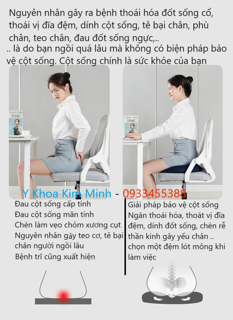Ngồi đệm lót mông DM-4440 giúp ngăn chặn thoái hóa cột sống, thoát vị đĩa đệm, chèn địa đệm cột sống lưng, bệnh thần kinh tọa do chèn ép lâu ngày của trọng lương cơ thể lên đĩa đệm khi bạn ngồi nhiều