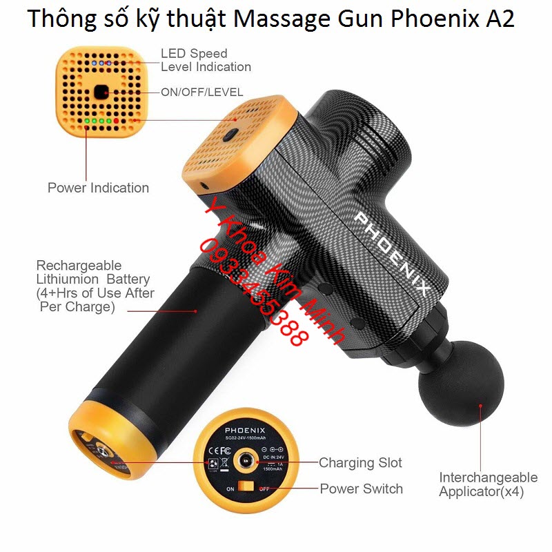 Thông số kỹ thuật của máy massage gun Phoenix A2 thân máy bằng Carbon - Y Khoa Kim Minh