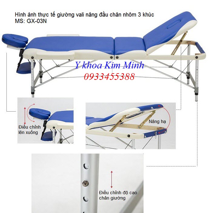 Thông số kỹ thuật giường masssage vali chân nhôm nâng đầu GX-03N - Y khoa Kim Minh