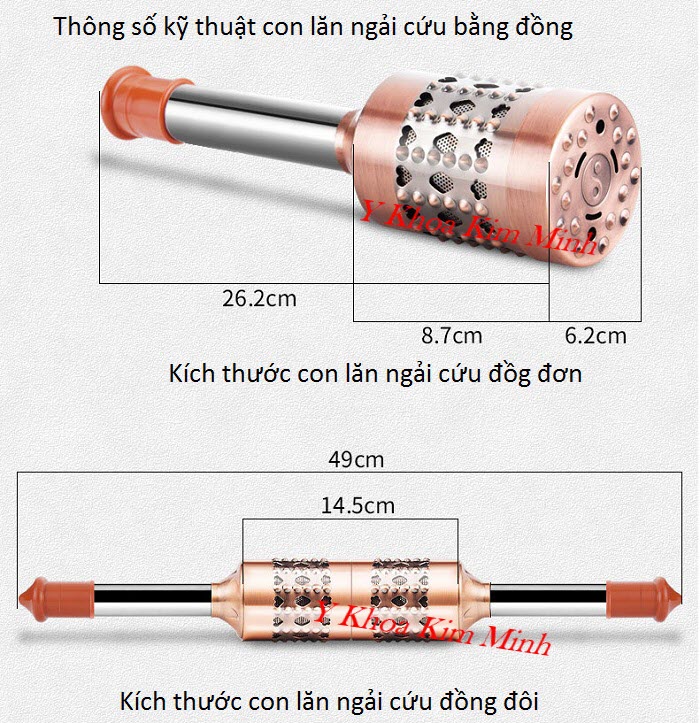 Kích thước thật của con lăn ngải cứu đồng đôi - Y Khoa Kim Minh Thông số kỹ thuật con lăn ngải cứu đồng đôi dùng chữa đau cơ xương khớp và đau nhức toàn thân - Y Khoa Kim Minh