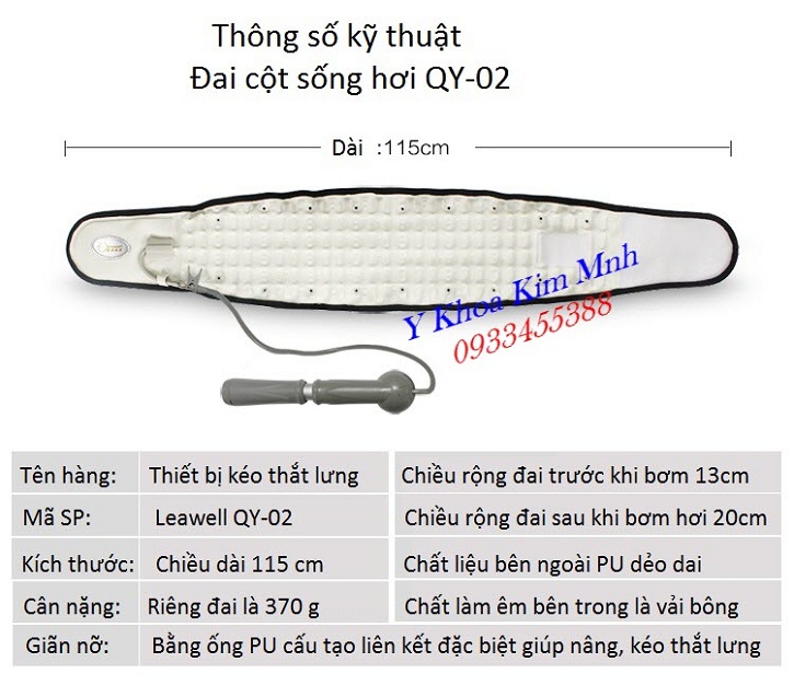 Thông số kích thước, chất liệu của đai cột sống hơi điều trị thoát vị đĩa đệm đau cột sống lưng QY-02 - Y Khoa Kim Minh