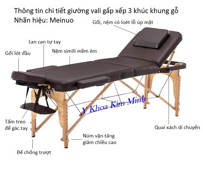 Thông tin giường vali gấp 3 khúc chân gỗ Meinuo 700x1850x500~780mm - Y khoa Kim Minh