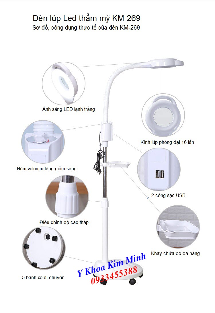 Đèn Lup Led lấy mụn, kiểm tra da - Y Khoa Kim Minh Đèn Led lay mun cham soc da anh sang lanh co tang giam KM-269 - Y Khoa Kim Minh 0933455388