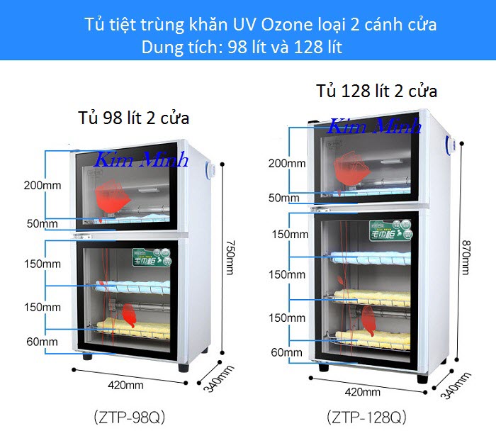 Tủ hấp khăn tiệt trùng UV  Ozone 2 cánh cửa dung tích 98 lít và 128 lít - Y khoa Kim Minh