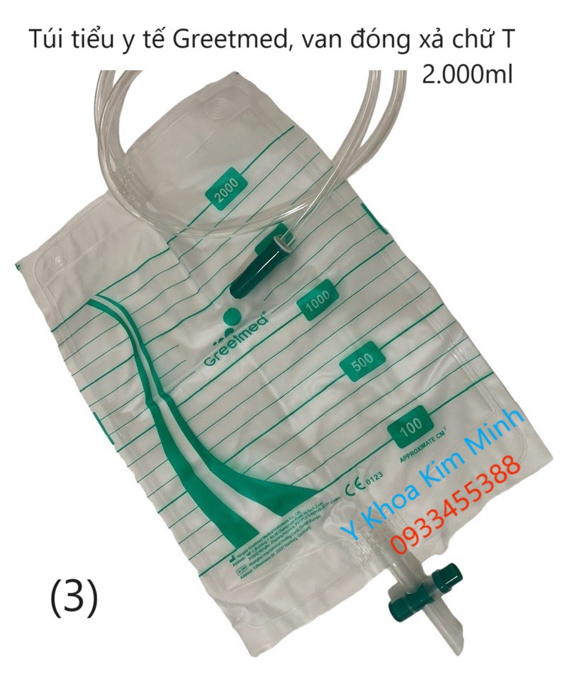 Túi nước tiểu Greetmed van đóng xả chữ T dung tích 2000ml dùng cho người bệnh