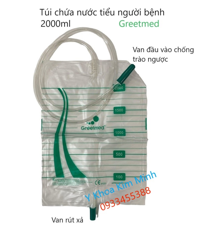 Túi chứa nước tiểu y tế cho người bệnh dung tích 2000ml nhãn hiệu Greetmed