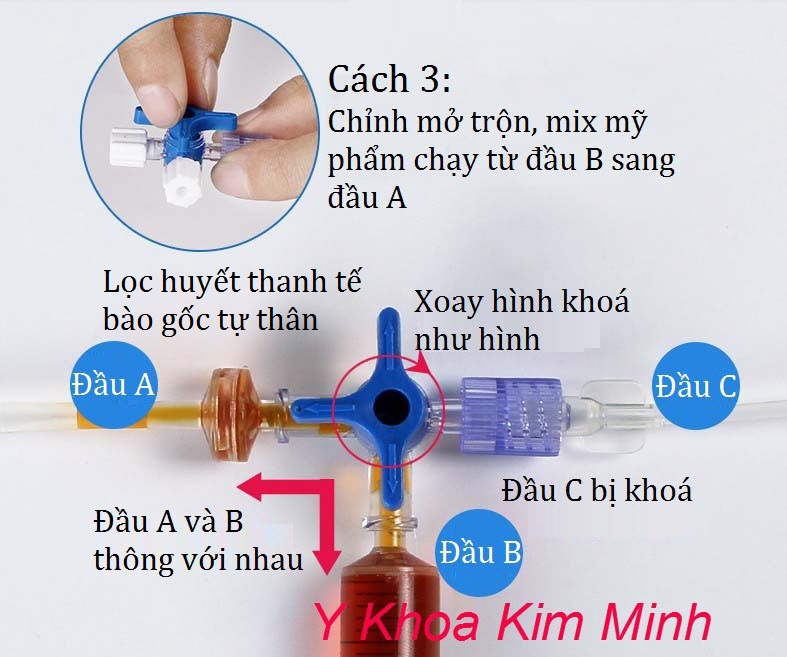 Van khoá 3 ngã trộn mỹ phẩm chạy tư đầu A sang đầu B, lọc huyết thanh tế bào gốc tự thân