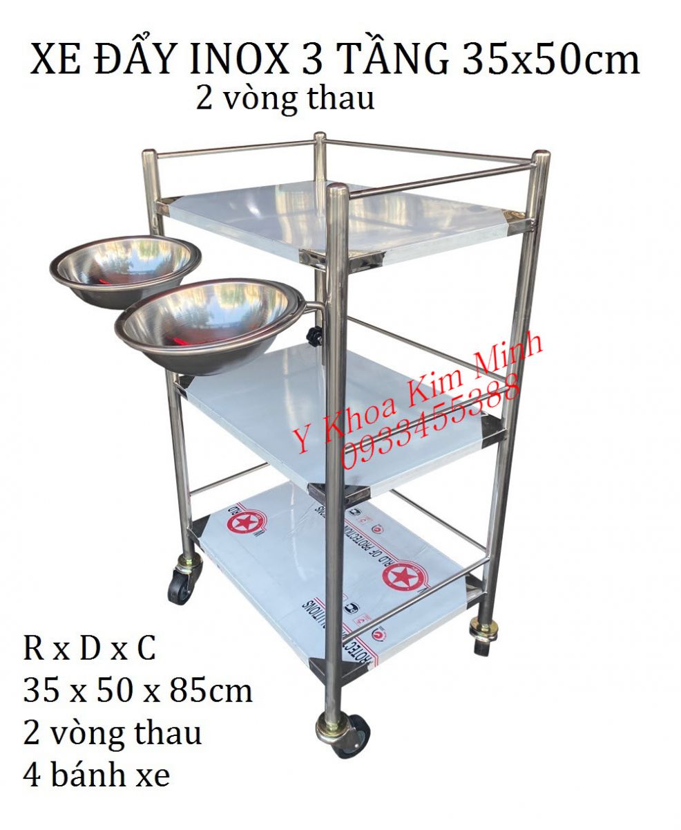 Xe đẩy inox 3 tầng 35 x50cm dùng đẩy dụng cụ thẩm mỹ spa