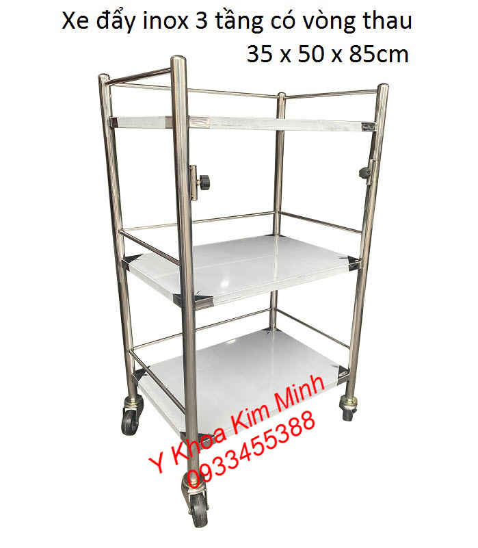 Xe đẩy máy thẩm mỹ bằng inox 3 tầng có vòng thau