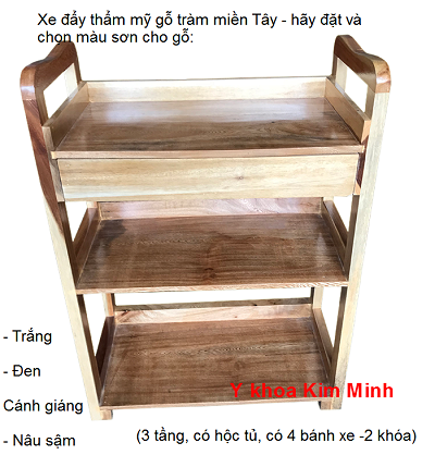 Xe đẩy gổ 3 tầng có học tủ gỗ tràm thật Miền Tây - Y Khoa Kim Minh
