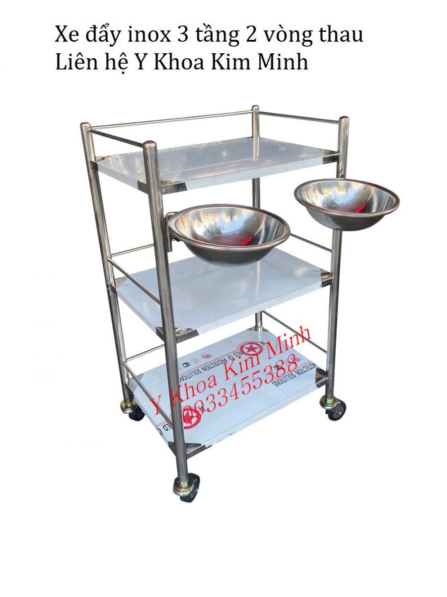 Xe đẩy inox 3 tầng 2 vòng thau dùng cho ngành thẩm mỹ bán ở Y Khoa Kim Minh