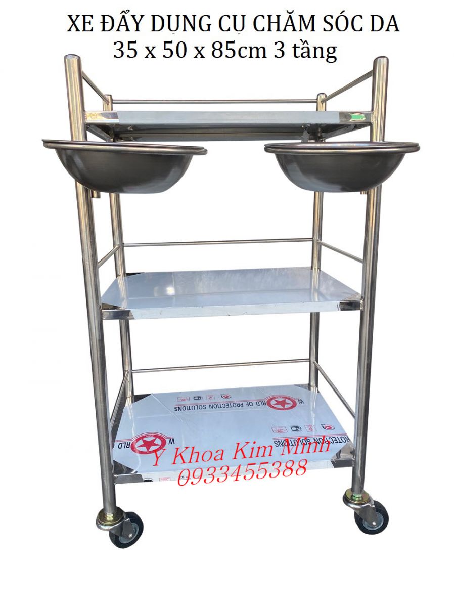 Xe đẩy dụng cụ chăm sóc da dùng cho thẩm mỹ viện 3 tầng vòng thau