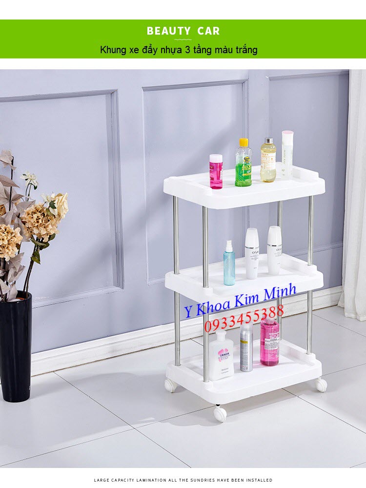 Xe đẩy dụng cụ thẩm mỹ 3 tầng màu trắng - Y Khoa Kim Minh Xe day dung cu tham my bang nhua 3 tang XDN-3T - Y Khoa Kim Minh 0933455388