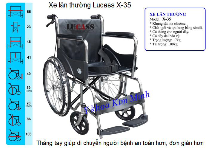Xe lăn thường có thắng tay hãng LUCASS mã X-35 bán tại Tp Hồ Chí Minh - Y khoa Kim Minh