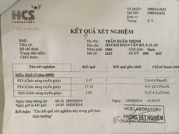 Phiếu xét nghiệm bướu cổ lần 2 sau khi uống thuốc trị bướu cổ