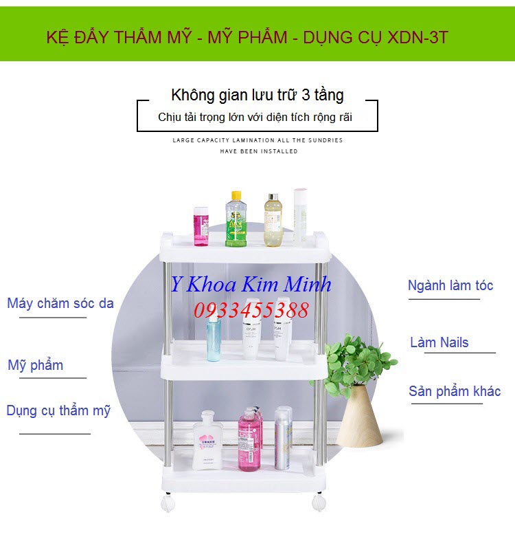 Khung xe đẩy inox khay nhựa 3 tầng XDN-3T - Y Khoa Kim Minh Xe day inox khay nhua 3 tang chua dung my pham dung cu cham soc da - Y khoa Kim Minh 0933455388