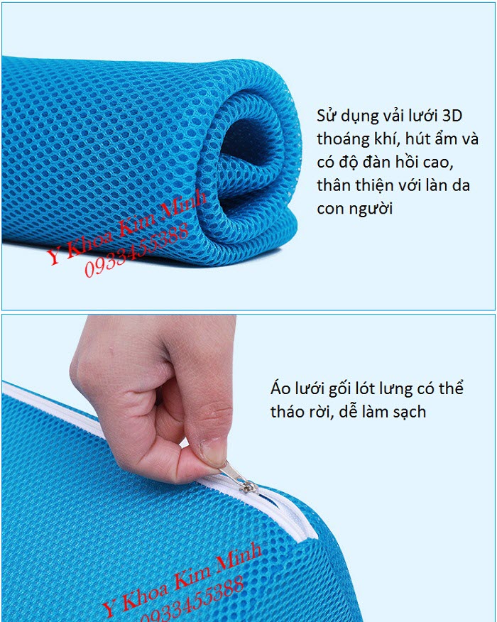 Chất liệu áo gối lót lưng làm từ vải lưới nổi 3D tạo độ thoáng khí và thân thiện với da con người - Y Khoa Kim Minh